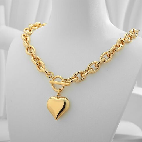 WOWORAMA Gold Chunky Chain Necklace for Women Puffy Heart Pendant Necklace White Gold Thick Chunky Chain Link Necklaces Heart Coin Choker Necklace in Kuwait