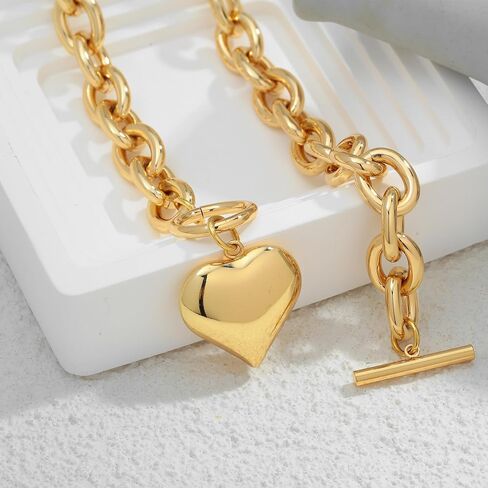 WOWORAMA Gold Chunky Chain Necklace for Women Puffy Heart Pendant Necklace White Gold Thick Chunky Chain Link Necklaces Heart Coin Choker Necklace in Kuwait