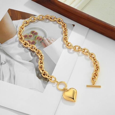 WOWORAMA Gold Chunky Chain Necklace for Women Puffy Heart Pendant Necklace White Gold Thick Chunky Chain Link Necklaces Heart Coin Choker Necklace in Kuwait