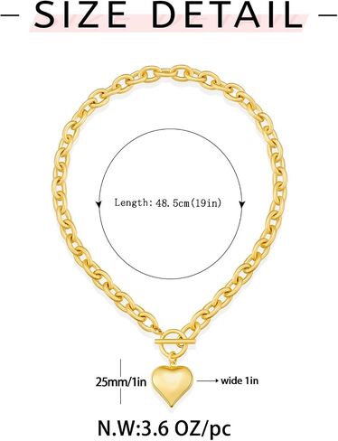 WOWORAMA Gold Chunky Chain Necklace for Women Puffy Heart Pendant Necklace White Gold Thick Chunky Chain Link Necklaces Heart Coin Choker Necklace in Kuwait