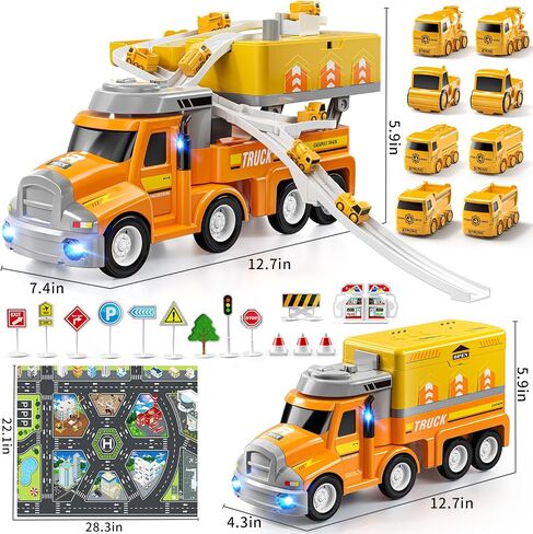 TEMI Construction Truck Kids Toys for 3 4 5 6 Year Old Boys, Toddler Car Adventures Toys for Girls, Car Carrier Toy with 8 Vehicles, Movable Truck Station Toys, Birthday Gifts for Kids Age 3-8 in Saudi Arabia