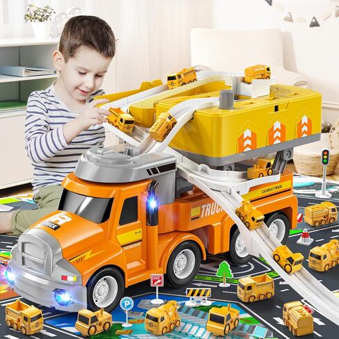 TEMI Construction Truck Kids Toys for 3 4 5 6 Year Old Boys, Toddler Car Adventures Toys for Girls, Car Carrier Toy with 8 Vehicles, Movable Truck Station Toys, Birthday Gifts for Kids Age 3-8 in Saudi Arabia