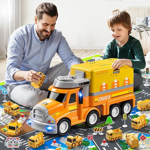 TEMI Construction Truck Kids Toys for 3 4 5 6 Year Old Boys, Toddler Car Adventures Toys for Girls, Car Carrier Toy with 8 Vehicles, Movable Truck Station Toys, Birthday Gifts for Kids Age 3-8 in Saudi Arabia