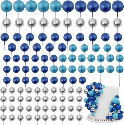 115 PCS Ball Cake Toppers - Mini Balloon Cake Decorations Foam Ball Cupcake Picks DIY Cake Insert Toppers for Birthday Party Wedding Baby Shower (Blue, Silver) in Saudi Arabia