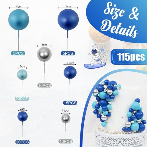 115 PCS Ball Cake Toppers - Mini Balloon Cake Decorations Foam Ball Cupcake Picks DIY Cake Insert Toppers for Birthday Party Wedding Baby Shower (Blue, Silver) in Saudi Arabia
