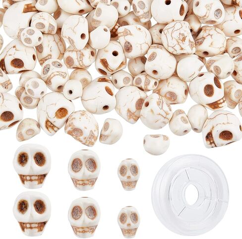 SUNNYCLUE 1 Box 200Pcs 3 Sizes Skull Beads Bulk Skeleton Head Bead Synthetic Turquoise Gemstone Halloween Beads for Jewelry Making Bead Assortment Beading Bracelet Kit White Stone Necklace Supplies in Saudi Arabia