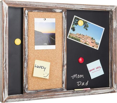 MyGift Wall Mounted Magnetic Chalkboard & Sliding Cork Board Home Family Command Center with Torched Wood Frame, Hanging Study Wall Board, Dorm Room Student Organizer in Saudi Arabia
