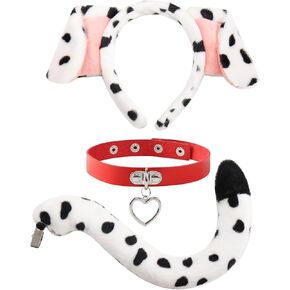 DPLin Dalmatian Costume Women Puppy Dog Ears Headband Tail with Red Heart Choker Leather Collar Animal Accessories