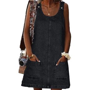 Women's Sleeveless Casual Denim Dress Crewneck Vintage Overall Mini Dress with Pockets