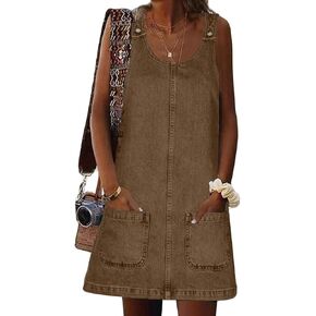Women's Sleeveless Casual Denim Dress Crewneck Vintage Overall Mini Dress with Pockets