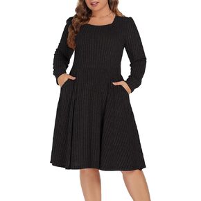 BEDOAR Plus Size Square-Neck Dress Long Sleeve Stretchy Comfy Casual Fall/Winter Dress with Pockets