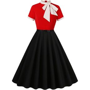 50s Style Dresses for Women Vintage Short Sleeve Tie Neck Swing Dress Midi Prom Dress with Belt