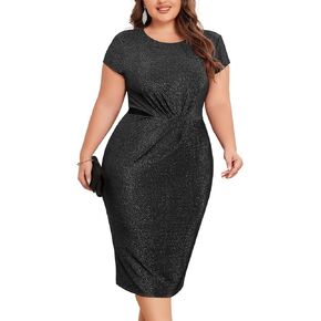 AOVDE Women's Plus Size Cocktail Dress Short Sleeve Glitter Bodycon Dresses Sparkly Midi Dress for Party Wedding Guest