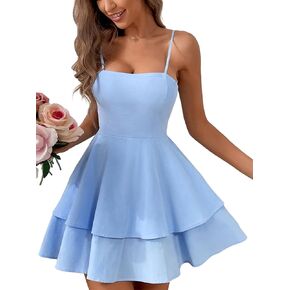 Women's Backless Bow Tie Short Dress Short A Line Tiered Ruffle Fit and Flared Beach Wedding Guest Dress