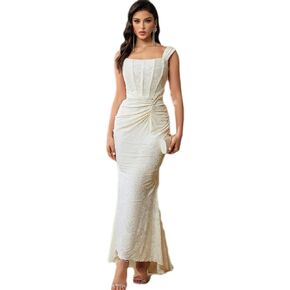 Elegant Lace Bodycon Fishtail Dress Wedding Guest Dress Fishbone Dress Shoulder Strap Ruched Midi Party Dress for Women