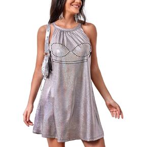 ANYFITTING Women's Built in Bra Sparkly Sequin Holiday Mini Short Dress Halter Y2k Concert Loose Fit Dresses 2024