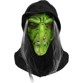 Scary Witch Face Mask, Horror Old Lady Masks Long Hair Wizard Nose, Creepy Latex Halloween Party Costume Props