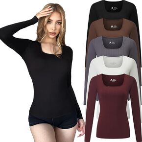 FMNNNN 5pcs Women's Ribbed Long Sleeve Slim Fit T Shirt Square Neck Bodycon Crop Tunics Going Out Tops