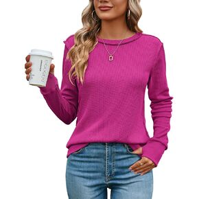 Halife Women's Waffle Knit Tops Long Sleeve Shirts Casual Slim Fitted Crew Neck Pullover Shirt with Thumb Holes