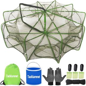 Folded Fishing Trap Blue Crab Trap Landing Net with Three Adjustable Sizes 50in-38in-30in for Minnow Trap, Gift: Oxford Cloth Fold Bucket/Non-Slip Gloves/Bait Bag/Bait Box/Rope/Storage Bag