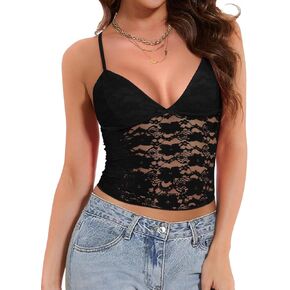 Jenbou Womens Y2k Lace Cami Tank Tops Going Out Crop Tops Spaghetti Strap Mesh See Through Camisole Summer Casual Tops