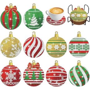 10pcs Christmas Diamond Art Coasters Kit, 5D Christmas Diamond Painting Kits with Stand, Ideal for Cups, Wine Glasses, Perfect for Holiday Decor Table Setting
