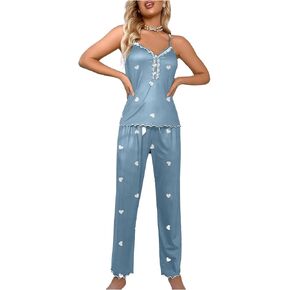 COZYEASE Women's 2 Piece Pajama Set Heart Print Lace Trim Cami Top and Pants Cute Pj Set Soft Sleepwear