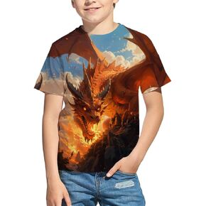 Kids 3D Print Graphic Tees Funny Fire Dragon Short Sleeve T Shirts for Youth Boys Girls 4-14 Years
