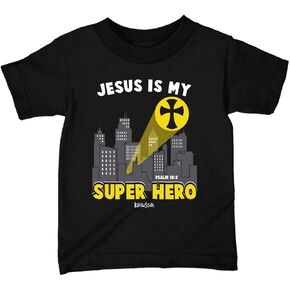 Kerusso Jesus is My Super Hero Sky Beacon Black Cotton Kids' Crew Neck T-Shirt, 4T