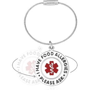 Divoti I Have Food Allergies Bag Tag 1.25" - with Cable Loop | Pre-Engraved Stainless Steel Dual-sided | Bold Lettering