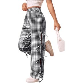Floerns Women's Gingham Print Elastic Waist Slit Tie Sides Straight Leg Pants