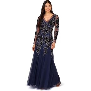 Adrianna Papell Women's Beaded Mesh Velvet Long Dress