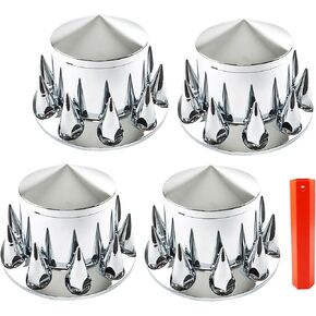 LABLT 4 Pack of Chrome Rear Axle Wheel Cover Set with 33mm Spike Screw-on Lug Nut Cover Removable Caps Replacement for Semi Truck