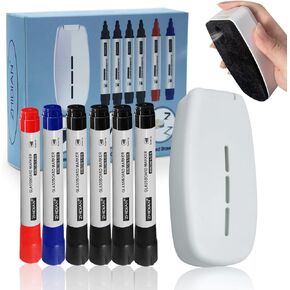 Magnetic Dry Erase Erasers with Free 6 Liquid Chalk Markers(4 Black,1 Red,1 Blue),Upgraded All-in-One Whiteboard Spray Eraser for White Board,Dry Erase Board,Glass Board Eraser