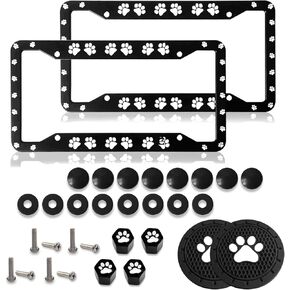 Paw Print License Plate Frame - 2 Pcs Personalise Aluminum Car License Plate Cover Dog Paw License Plate Holder, 4 Pieces Paw Valve Stem Caps, 2 Pieces Paw mat