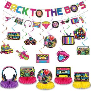 Blosssound 27 Pcs 80s Party Decorations Retro 80s Hip Hop Banner Hanging Swirls Ceiling Honeycomb Centerpieces for Adults Back to the 80s 1980s Throwback Birthday Party Neon Party Decor Supplies