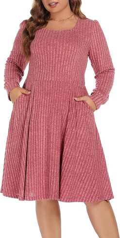 BEDOAR Plus Size Square-Neck Dress Long Sleeve Stretchy Comfy Casual Fall/Winter Dress with Pockets in Kuwait