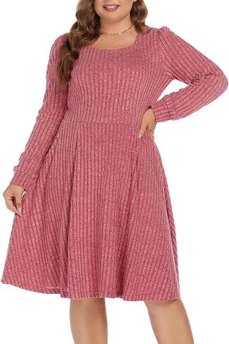 BEDOAR Plus Size Square-Neck Dress Long Sleeve Stretchy Comfy Casual Fall/Winter Dress with Pockets in Kuwait