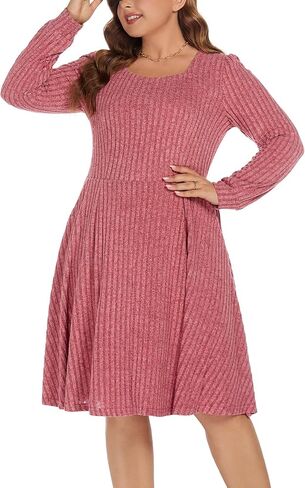 BEDOAR Plus Size Square-Neck Dress Long Sleeve Stretchy Comfy Casual Fall/Winter Dress with Pockets in Kuwait