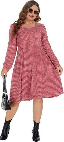 BEDOAR Plus Size Square-Neck Dress Long Sleeve Stretchy Comfy Casual Fall/Winter Dress with Pockets in Kuwait