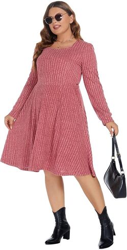 BEDOAR Plus Size Square-Neck Dress Long Sleeve Stretchy Comfy Casual Fall/Winter Dress with Pockets in Kuwait