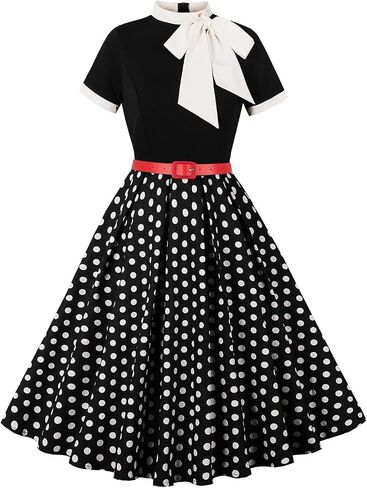 50s Style Dresses for Women Vintage Short Sleeve Tie Neck Swing Dress Midi Prom Dress with Belt in Saudi Arabia