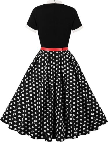 50s Style Dresses for Women Vintage Short Sleeve Tie Neck Swing Dress Midi Prom Dress with Belt in Saudi Arabia