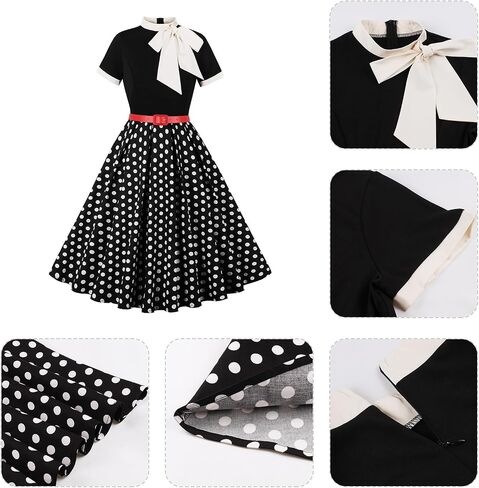 50s Style Dresses for Women Vintage Short Sleeve Tie Neck Swing Dress Midi Prom Dress with Belt in Saudi Arabia