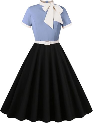 50s Style Dresses for Women Vintage Short Sleeve Tie Neck Swing Dress Midi Prom Dress with Belt in Saudi Arabia