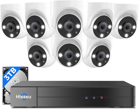 [3TB HDD+Person/Vehicle Detection] Hiseeu 5MP Security Camera System 8ch Wired Home Security Camera 8pcs Outdoor Security Cameras with Indoor H. 265+ DVR for Free Remote Mobile/PC 7/24 Recording in Kuwait