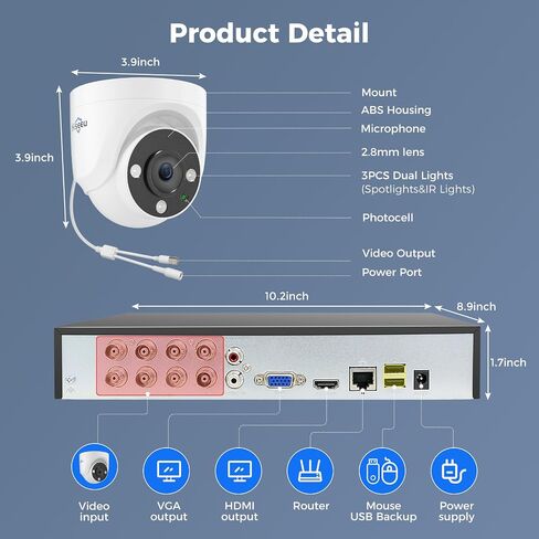 [3TB HDD+Person/Vehicle Detection] Hiseeu 5MP Security Camera System 8ch Wired Home Security Camera 8pcs Outdoor Security Cameras with Indoor H. 265+ DVR for Free Remote Mobile/PC 7/24 Recording in Kuwait
