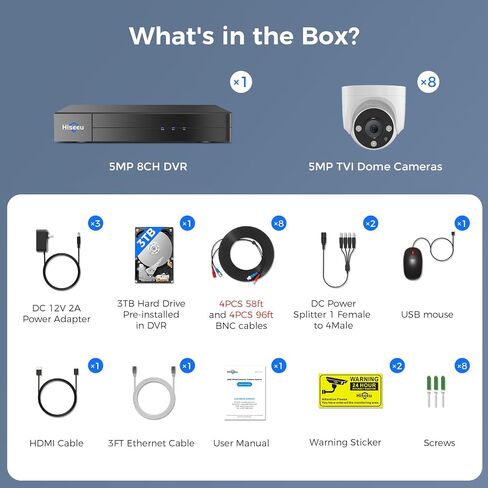 [3TB HDD+Person/Vehicle Detection] Hiseeu 5MP Security Camera System 8ch Wired Home Security Camera 8pcs Outdoor Security Cameras with Indoor H. 265+ DVR for Free Remote Mobile/PC 7/24 Recording in Kuwait