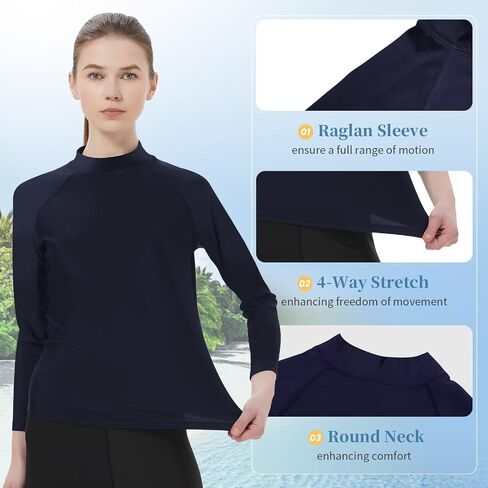 قمصان سباحة نسائية من Rash Guard UPF 50+ ذات ياقة مدورة وأكمام طويلة ملابس داخلية خفيفة الوزن سريعة الجفاف للنساء in Saudi Arabia