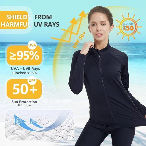 Women's Rash Guard Zip Up Long Sleeve Swim Shirt UV Sun Protection Shirts Quick Dry Surfing Fishing Water Shirts in Saudi Arabia